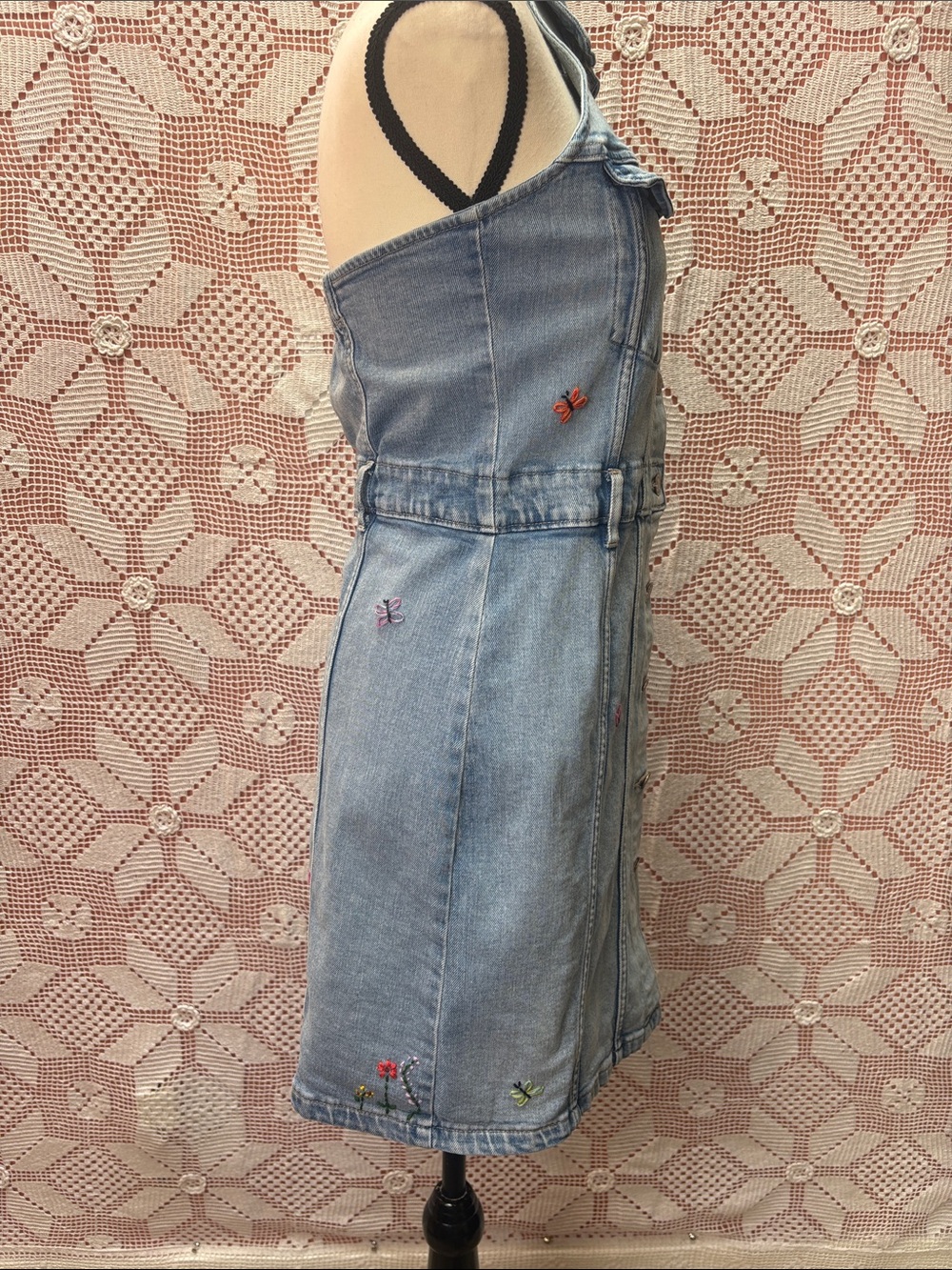 Embroidered Denim Halter Mini Dress Backless Button Front - Picture 7 of 8